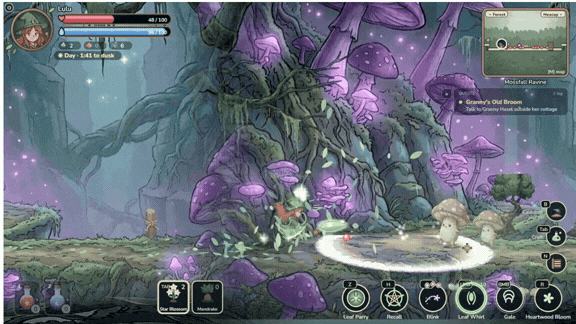 Side-scrolling staff combat in Mossfall Ravine