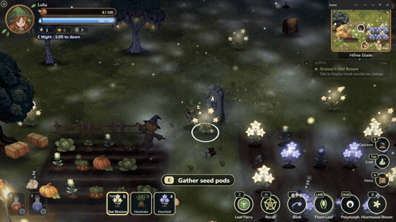 Nighttime exploration and gathering glowing seed pods in Staffbound